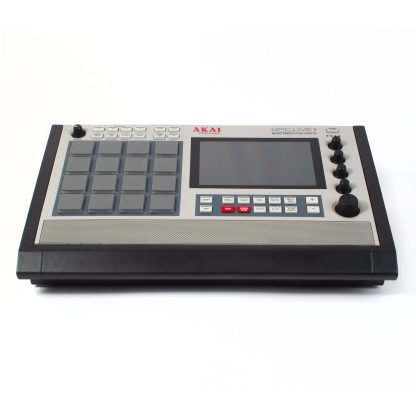 Front view of mpc live 2 in protective case and ergonomic angle.