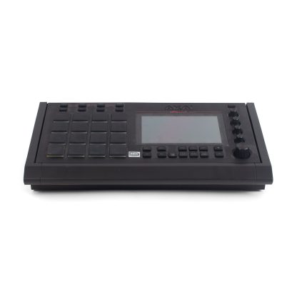 Front of black mpc live with accessory black protective case with 15 degree angle for better viewing.