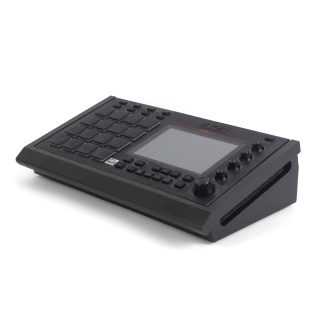 Black akai mpc live standalone workstation with 15 degree custom fitted desktop stand.