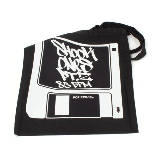 vinyl digging bag with old school floppy disc with graffiti letter for shook ones pt and 85 bpm for the ensoniq eps16 plus.