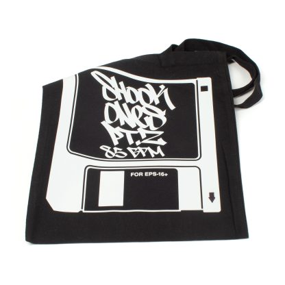 vinyl digging bag with old school floppy disc with graffiti letter for shook ones pt and 85 bpm for the ensoniq eps16 plus.