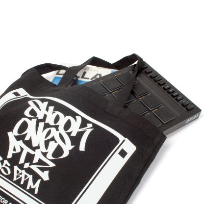 floppy disc design with graffiti style shook ones black tote bag. Mpc studio in the bag