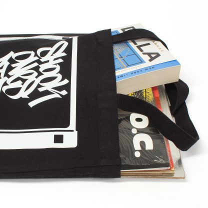 vinyl recording digging in the crates tote bag with oc times up LP and dilla time book.